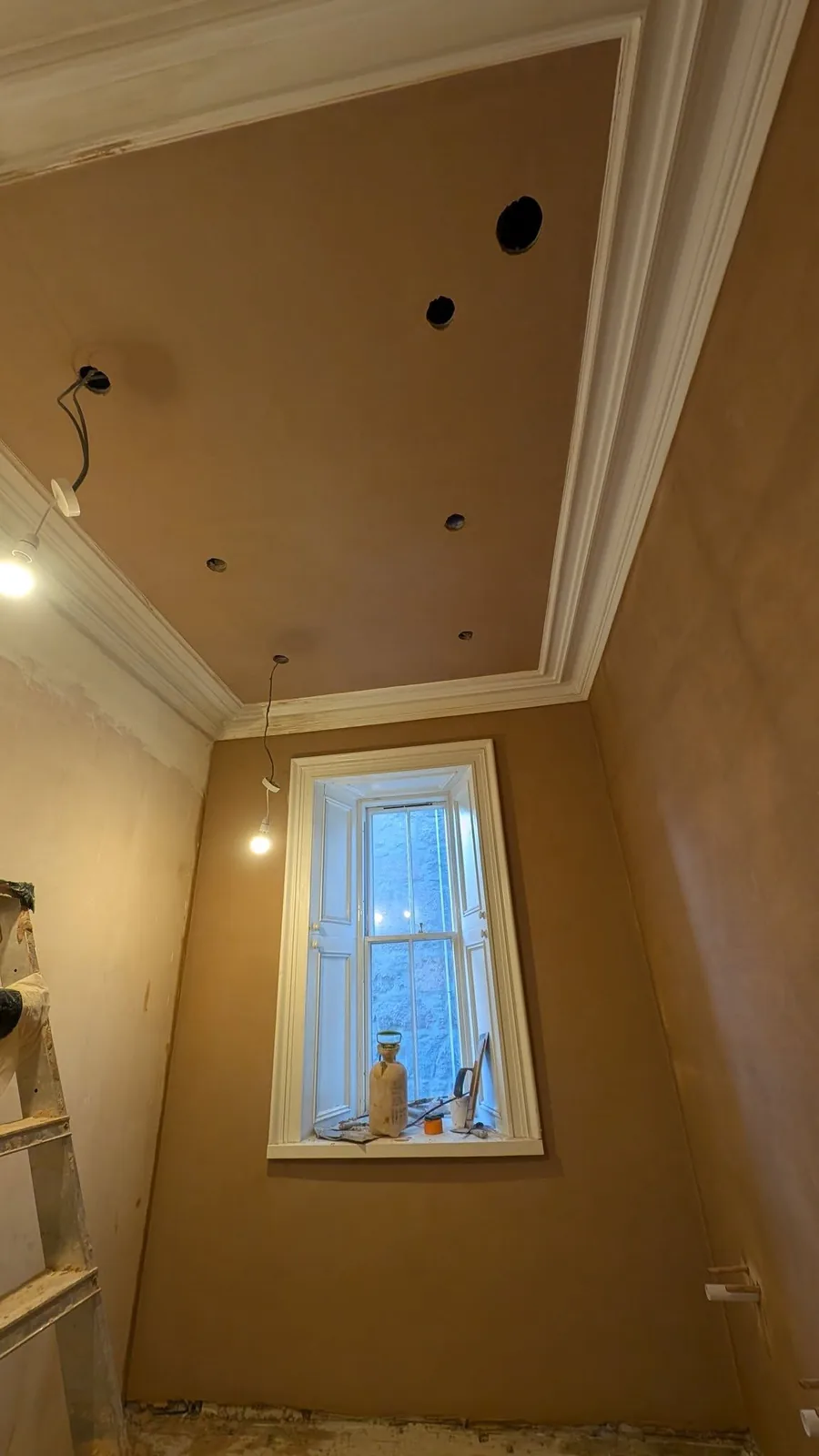 Fresh plaster ceiling finish bordered by decorative white coving